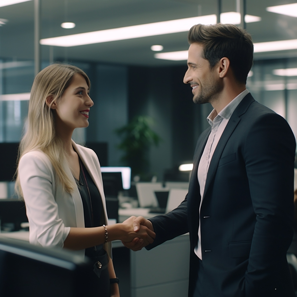 Femme serrant la main à un homme dans un cadre professionnel